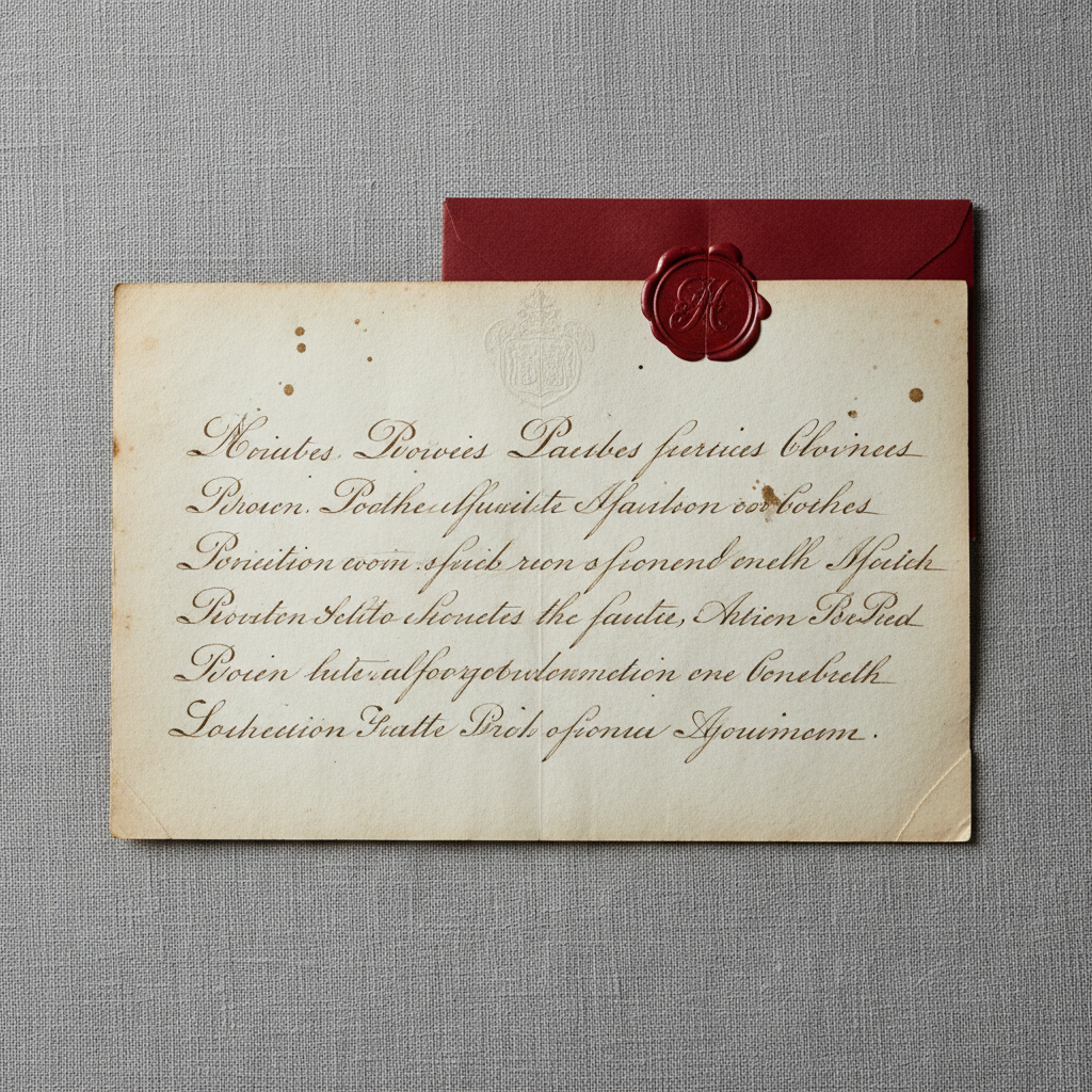 An elegant close-up of a single handwritten letter from the late 1800s, laid flat on a cool gray linen surface. The paper is cream-colored with slight foxing at the edges and a faint watermark visible where the light hits. Sepia ink forms precise cursive lines across the page, with occasional ink blots adding character. A folded, wax-sealed envelope rests near the top corner, its deep red seal cracked but intact. Cool, directional studio lighting from the right emphasizes the fibers of the paper and the ridges of the pen strokes, casting delicate shadows between lines of text. The composition is tight and centered, with shallow depth of field focusing on the middle of the letter. The atmosphere is refined, archival, and introspective, in a high-resolution photographic style.