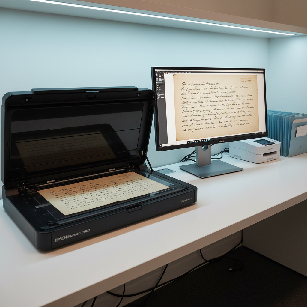 A meticulously organized digital scanning station for historical letters, with a flatbed scanner open to reveal a neatly positioned, handwritten 1900s letter beneath a protective transparent sheet. A high-resolution monitor beside it displays the scanned image, showing crisp black ink against slightly yellowed paper. Nearby, a stack of archival folders and a small label printer indicate careful cataloging. The desk is minimalist, matte white, with subtle cable management and no clutter. Cool, balanced LED lighting creates an even, shadow-free environment, reflecting gently on the scanner glass without glare. The composition uses the rule of thirds, placing the scanner and monitor as visual anchors. The mood is modern, precise, and methodical, emphasizing the professional digitization of historical correspondence in a clean, photographic style.