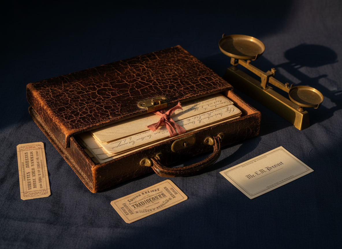 A richly textured still life of a worn leather document case slightly ajar, revealing glimpses of folded 19th-century American letters and a ribbon-tied packet of correspondence inside. Around the case, scattered ephemera include a faded train ticket, a small embossed calling card, and an antique postage scale with a brass finish. The scene rests on a deep navy archival cloth, providing strong contrast with the warm browns and creams of the artifacts. Warm, directional side lighting mimics late afternoon sun, casting elongated shadows and creating subtle highlights on the leather grain and metallic scale. The composition is asymmetrical yet balanced, with a shallow depth of field that keeps the case in sharp focus while softly blurring the surrounding artifacts. The mood is nostalgic, dignified, and quietly dramatic, rendered in high-fidelity photographic realism.