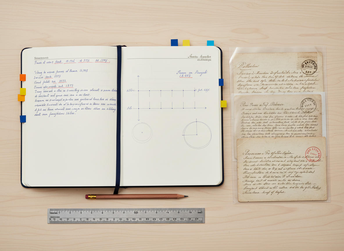 An overhead photograph of a meticulously annotated research notebook open beside several historical American letters slipped into clear archival sleeves. The notebook’s pages feature neat, handwritten notes, underlined dates, and color-coded sticky flags, while the sleeved letters reveal old postmarks and distinctive handwriting styles. A finely sharpened graphite pencil and a stainless-steel ruler rest across the notebook margin, emphasizing precision. Neutral, indirect daylight from above creates minimal shadows and a soft, even tone. The background surface is a smooth, pale birch wood that enhances the clean, professional atmosphere. The composition follows the rule of thirds, drawing the viewer’s eye from the notebook to the letters. The mood is studious and methodical, in a crisp photographic style suited to educational, archival research contexts.