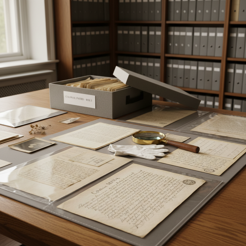 An archival workspace scene featuring a large oak table neatly arranged with historical American correspondence and ephemera. Acid-free document sleeves, cotton gloves, and a metal magnifying glass frame several letters dated in flowing ink. A labeled gray archival storage box sits at the back, its lid resting upright. A subtle, muted color palette of warm browns, soft creams, and neutral grays dominates. Overhead daylight from an unseen window creates a balanced, even illumination with soft, natural shadows, giving the room a quiet, focused atmosphere. Captured at an eye-level angle with a slight perspective toward the back of the table, photographic realism, sharp focus on the foreground documents, and a gentle falloff into a lightly blurred background of bookshelves filled with uniform archival binders.