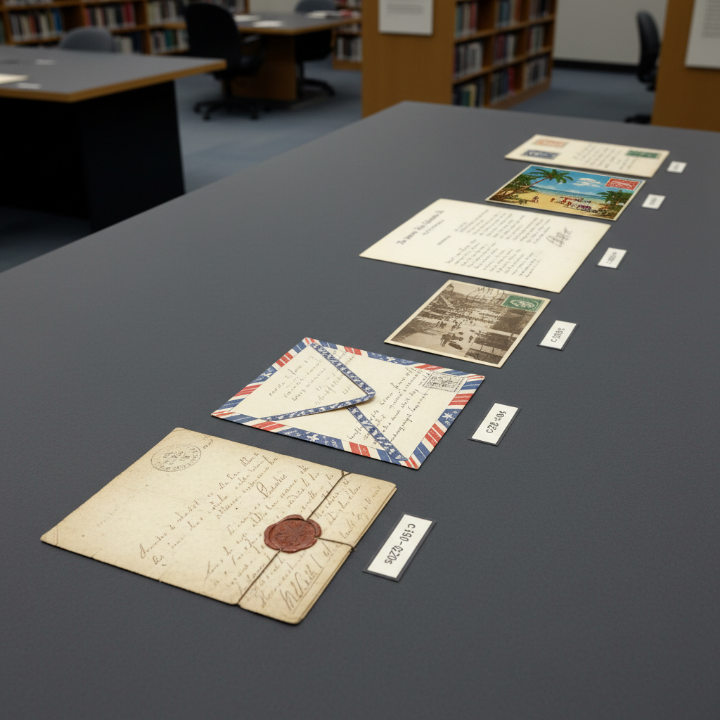 A chronological timeline arrangement of American correspondence laid diagonally across a wide, slate-colored surface, ranging from an early 19th-century folded letter with wax seal to a mid-20th-century typewritten postcard with colorful postage. Each piece is labeled with a small, discreet archival tag showing dates. The letters grow progressively newer from foreground to background, creating a clear visual narrative. Soft, overhead diffused lighting ensures all details are visible without harsh shadows, subtly highlighting differences in paper color, font, and printing methods. Shot from a slightly elevated angle, with strong depth of field to keep each document sharp. The atmosphere is educational and analytical, in a realistic photographic style that feels like a curated exhibit prepared for scholars and students.